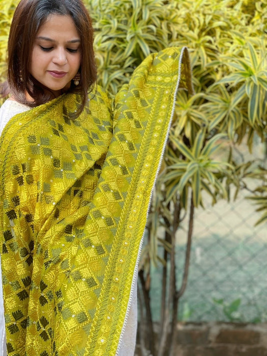 Lime Green Designer Phulkari Dupatta in Chinon