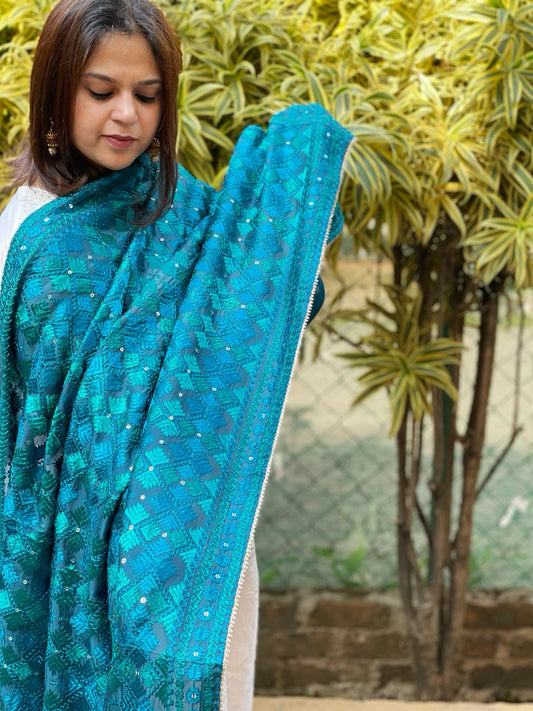 Turquoise Designer Phulkari Dupatta in Chinon