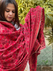 Red Designer Phulkari Dupatta in Tissue
