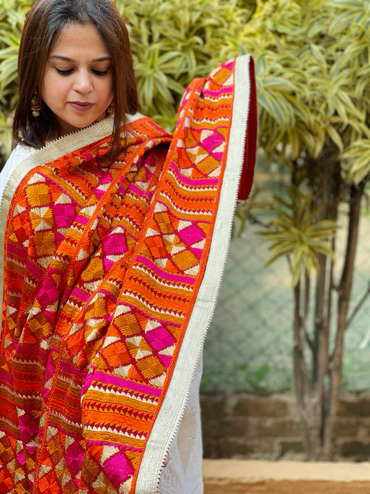 Orangish Pink Designer Phulkari Dupatta in Khaddar Cotton
