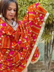 Orangish Pink Designer Phulkari Dupatta in Khaddar Cotton