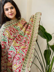 Red Chinon Dupatta with Aari Embroidery
