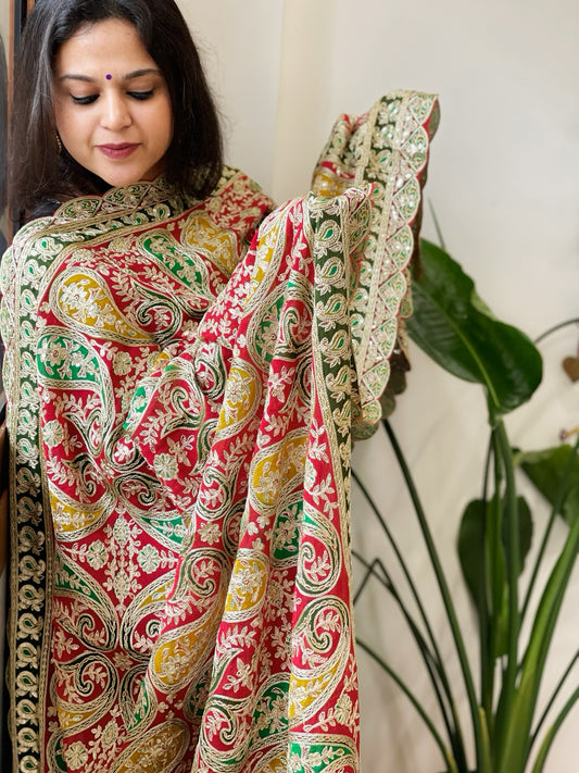 Red Chinon Dupatta with Aari Embroidery