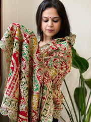 Red Chinon Dupatta with Aari Embroidery