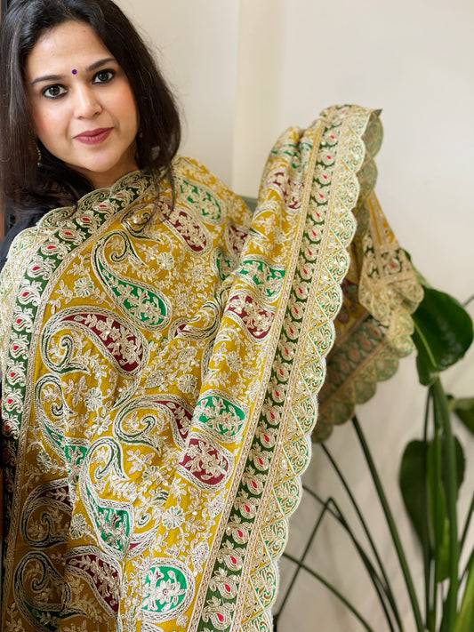 Yellow Chinon Dupatta with Aari Embroidery