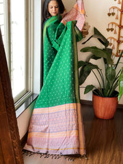 Green Handwoven Ikat Dupatta Pure Silk-Cotton