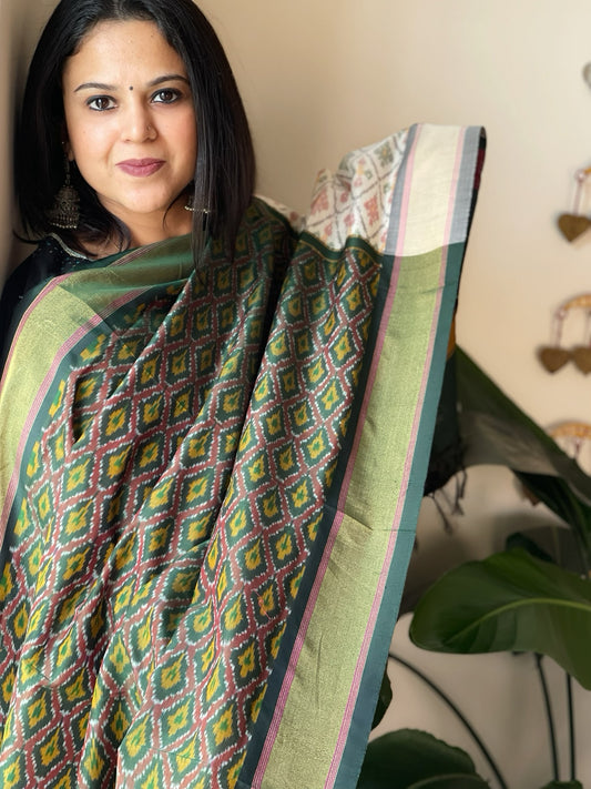 Deep Green Handwoven Ikat Dupatta Pure Silk-Cotton