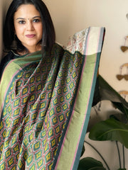 Deep Green Handwoven Ikat Dupatta Pure Silk-Cotton