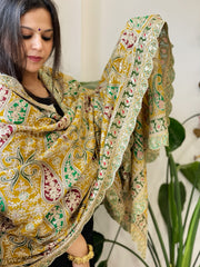 Yellow Chinon Dupatta with Aari Embroidery