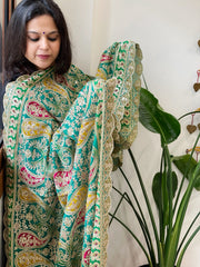 Turquoise Chinon Dupatta with Aari Embroidery