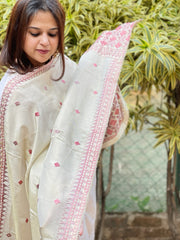 Cream Designer Phulkari Dupatta in Tissue