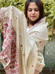 Cream Designer Phulkari Dupatta in Tissue