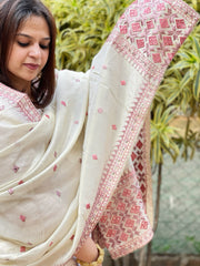 Cream Designer Phulkari Dupatta in Tissue