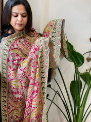 Pink Chinon Dupatta with Aari Embroidery