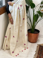 Cream Embroidered Saree in Pure Tussar-Geecha Silk