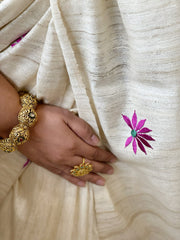 Cream Embroidered Saree in Pure Tussar-Geecha Silk