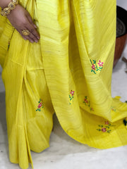 Yellow Embroidered Saree in Pure Tussar-Geecha Silk