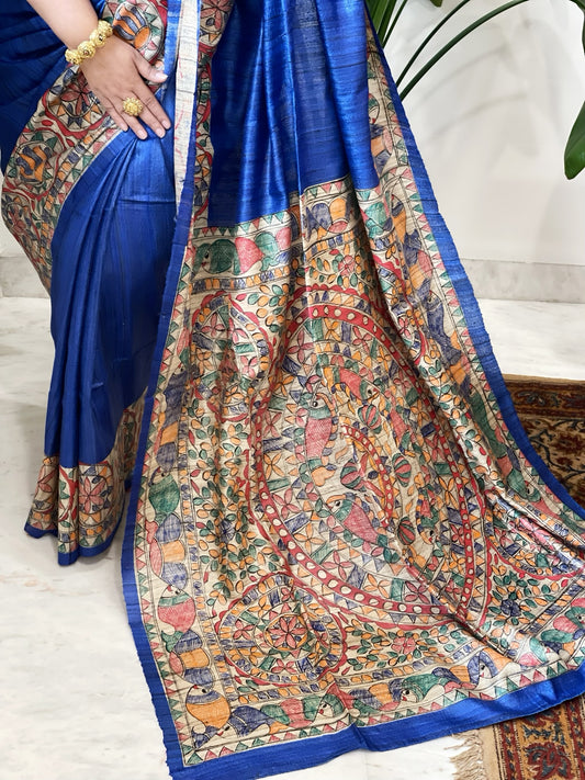 Royal Blue Handpainted Madhubani Saree in Pure Tussar-Geecha Silk
