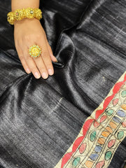 Graphite Black Handpainted Madhubani Saree in Pure Tussar-Geecha Silk