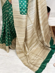 Green Printed Saree in Pure Tussar-Geecha Silk