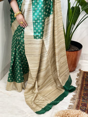 Green Printed Saree in Pure Tussar-Geecha Silk