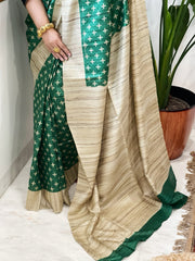 Green Printed Saree in Pure Tussar-Geecha Silk