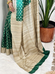 Green Printed Saree in Pure Tussar-Geecha Silk