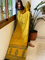 Mustard Handblock Printed Ajrakh Dupatta with Kantha Stitch Hand Embroidery
