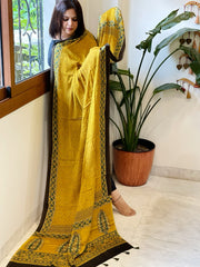 Mustard Handblock Printed Ajrakh Dupatta with Kantha Stitch Hand Embroidery