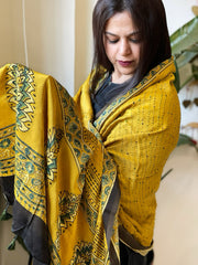 Mustard Handblock Printed Ajrakh Dupatta with Kantha Stitch Hand Embroidery