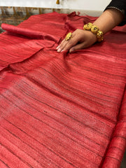 Carrot Red Printed Saree in Pure Tussar-Geecha Silk