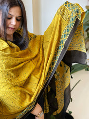 Mustard Handblock Printed Ajrakh Dupatta with Kantha Stitch Hand Embroidery