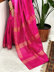 Pink Saree with Zari Border & Pallu in Pure Tussar-Geecha Silk