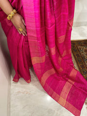 Pink Saree with Zari Border & Pallu in Pure Tussar-Geecha Silk