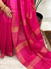Pink Saree with Zari Border & Pallu in Pure Tussar-Geecha Silk