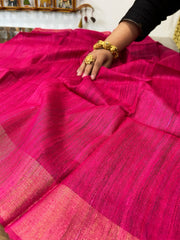 Pink Saree with Zari Border & Pallu in Pure Tussar-Geecha Silk