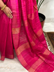 Pink Saree with Zari Border & Pallu in Pure Tussar-Geecha Silk