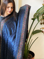 Blue Handblock Printed Ajrakh Dupatta with Kantha Stitch Hand Embroidery
