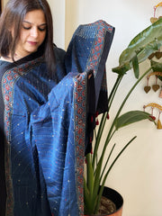 Blue Handblock Printed Ajrakh Dupatta with Kantha Stitch Hand Embroidery
