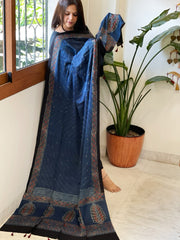 Blue Handblock Printed Ajrakh Dupatta with Kantha Stitch Hand Embroidery