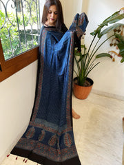 Blue Handblock Printed Ajrakh Dupatta with Kantha Stitch Hand Embroidery