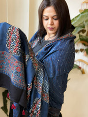 Blue Handblock Printed Ajrakh Dupatta with Kantha Stitch Hand Embroidery