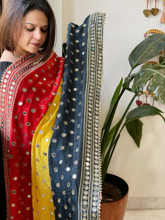 Yellow, Green, Red Crepe Dupatta with Mirror and Cut Daana Work with Gota Lace Border