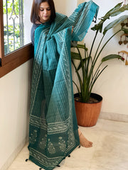 Teal Kota Cotton Handblock Printed Dupatta
