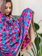 Blue, Pink Handmade Phulkari Dupatta in Cotton