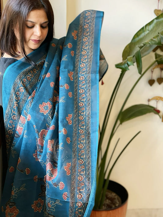 Blue Kota Cotton Handblock Printed Dupatta