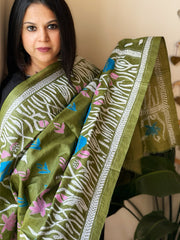 Green Handmade Nakshi Kantha Dupatta in Pure Silk