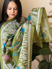 Green Handmade Nakshi Kantha Dupatta in Pure Silk