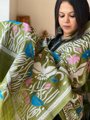Green Handmade Nakshi Kantha Dupatta in Pure Silk