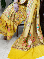 Yellow Handmade Bandhani Saree with Meenakari in Pure Georgette